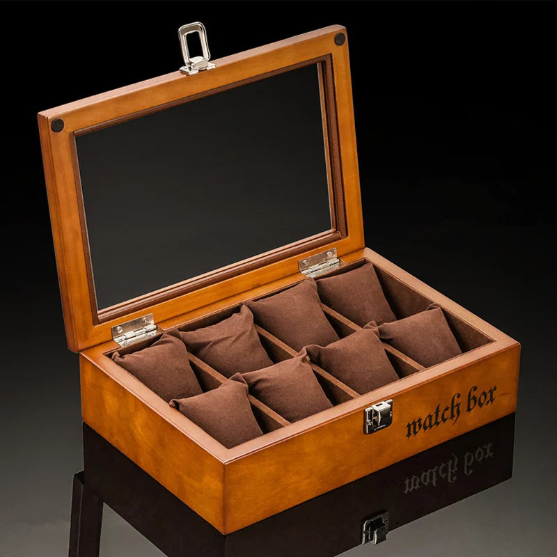 8 Slots Wood Watch Box Organizer Luxury Watch Holder with Glass Window Mens Wrist Watch Display Black Watch Cabinet