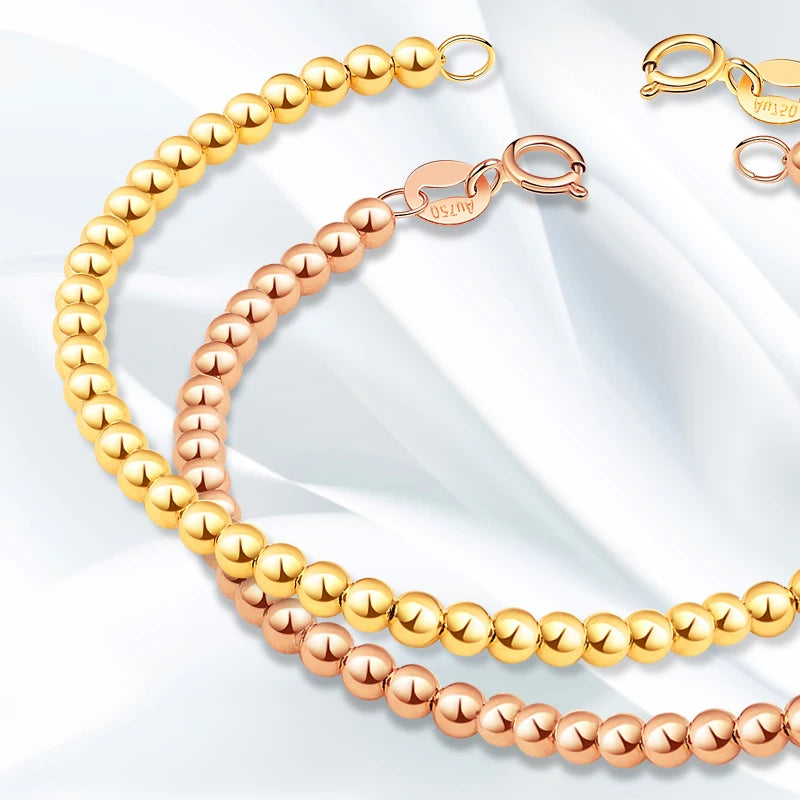 18K Bracelet Strand 4Mm Au750 Gold Beads Baby Children Ladies Girls Gift Women Fine Jewelry Length from 12Cm to 21Cm