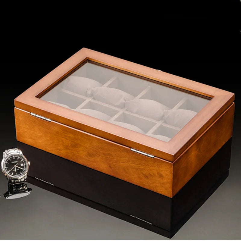 8 Slots Wood Watch Box Organizer Luxury Watch Holder with Glass Window Mens Wrist Watch Display Black Watch Cabinet