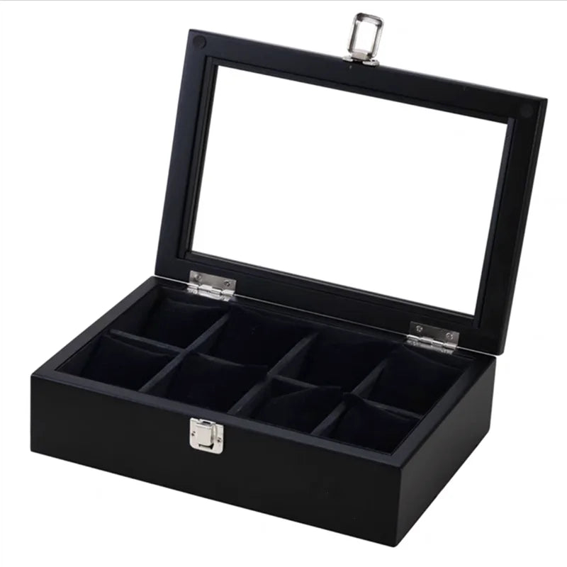 8 Slots Wood Watch Box Organizer Luxury Watch Holder with Glass Window Mens Wrist Watch Display Black Watch Cabinet