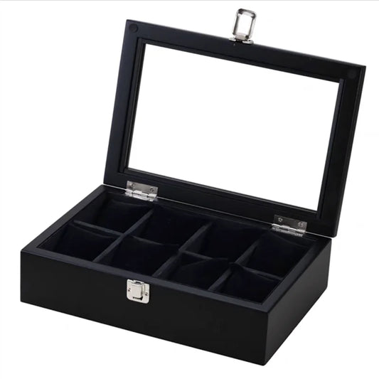 8 Slots Wood Watch Box Organizer Luxury Watch Holder with Glass Window Mens Wrist Watch Display Black Watch Cabinet