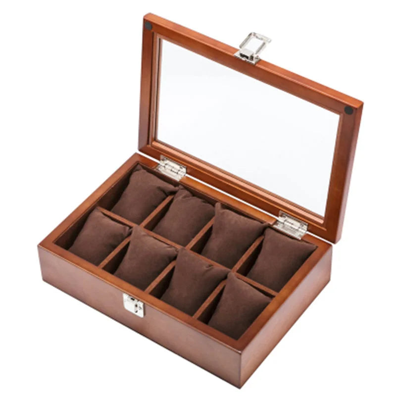 8 Slots Wood Watch Box Organizer Luxury Watch Holder with Glass Window Mens Wrist Watch Display Black Watch Cabinet