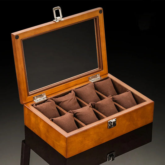 8 Slots Wood Watch Box Organizer Luxury Watch Holder with Glass Window Mens Wrist Watch Display Black Watch Cabinet