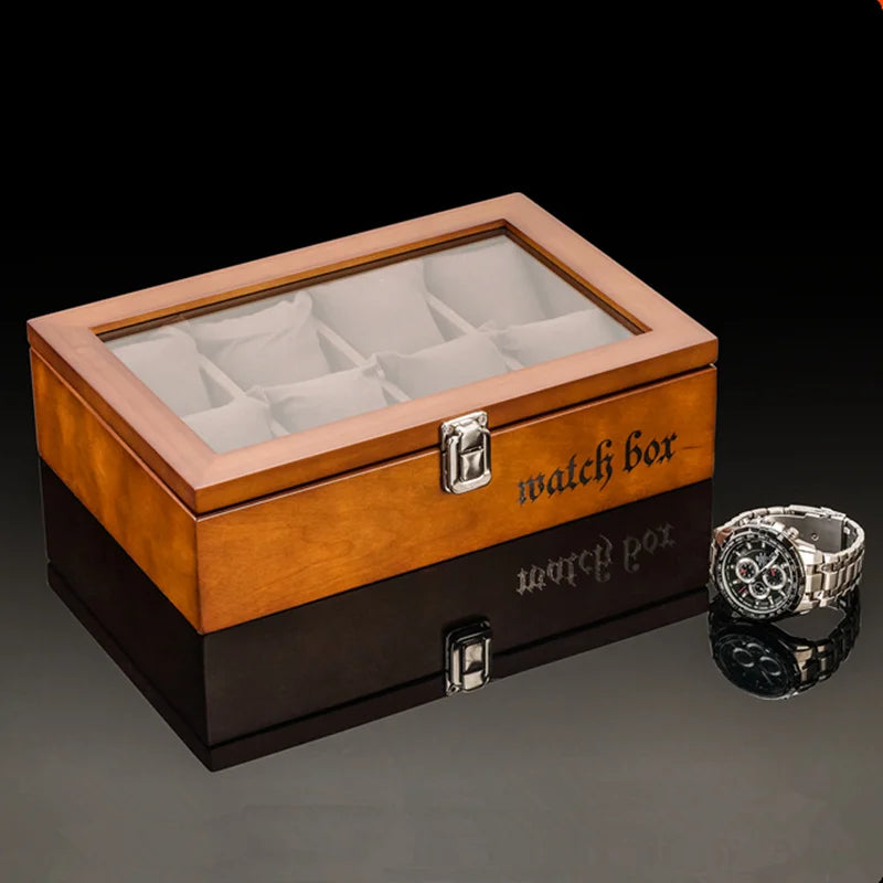8 Slots Wood Watch Box Organizer Luxury Watch Holder with Glass Window Mens Wrist Watch Display Black Watch Cabinet